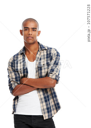 Serious young black man, studio portrait and arms crossed with confidence, focus and style from Atlanta. Cool guy, fashion model and white background with college student, clothes and handsome person 107571228