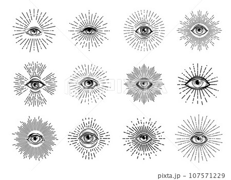 Providence illuminati eye. Esoteric occult symbols, mason tattoos with all seeing eye of God vector sketches, engraved magic triangle, glory and light rays. Freemasonry, spiritual and alchemy signs 107571229