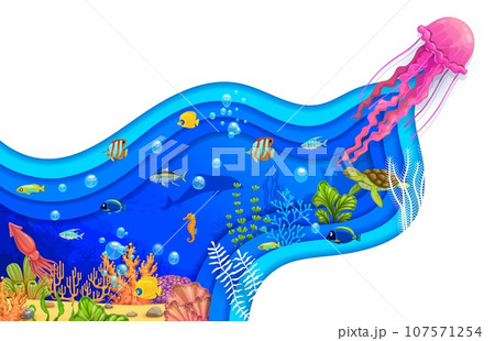 Cartoon jellyfish and sea paper cut underwater landscape. Ocean water animal, fish shoals, sea turtle, dolphin and squid in vector 3d papercut frame with blue wavy borders, seaweeds, corals, bubbles Cartoon jellyfish and sea paper cut underwater landscape. Ocean water animal, fish shoals, sea turtle, dolphin and squid in vector 3d papercut frame with blue wavy borders, seaweeds, corals, bubbles 107571254