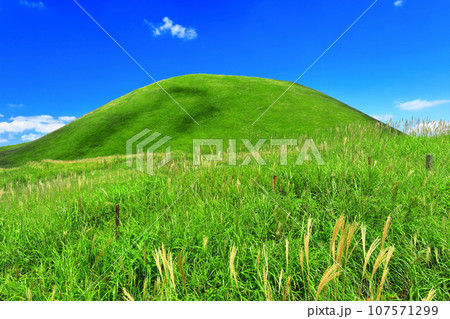 【熊本県】晴天の米塚と米塚草原(阿蘇山) 【熊本県】晴天の米塚と米塚草原(阿蘇山) 107571299