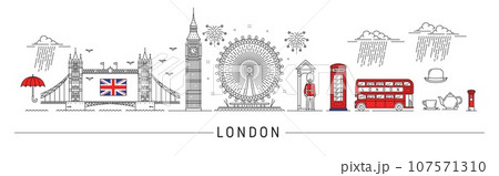 London silhouette, Great Britain travel landmarks and architecture buildings, vector outline. England landmarks in London city skyline with tower bridge, Big Ben or British red bus and telephone booth London silhouette, Great Britain travel landmarks and architecture buildings, vector outline. England landmarks in London city skyline with tower bridge, Big Ben or British red bus and telephone booth 107571310