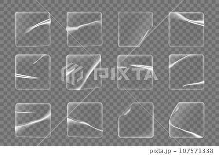 Transparent square plastic stickers, adhesive patches 3d mockups. Vector realistic stickers, clear pvc film labels or patches isolated set with round corners, folds, wrinkles and crumples Transparent square plastic stickers, adhesive patches 3d mockups. Vector realistic stickers, clear pvc film labels or patches isolated set with round corners, folds, wrinkles and crumples 107571338