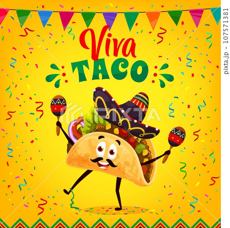 Cartoon mexican tacos character in sombrero hat with maracas. Tacos day banner with hot and spicy tex mex mariachi musician food personage. Vector festive background for cuisine of Mexico promo Cartoon mexican tacos character in sombrero hat with maracas. Tacos day banner with hot and spicy tex mex mariachi musician food personage. Vector festive background for cuisine of Mexico promo 107571381