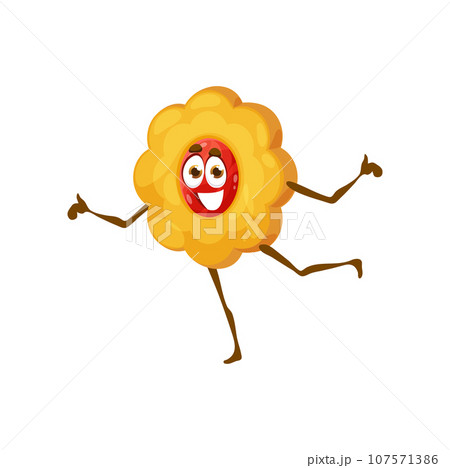 Cartoon cookie funny character. Sweet dessert cute personage, homemade pastry vector cheerful and happy smiling mascot and isolated character of dancing flower shape cookie with jam 107571386