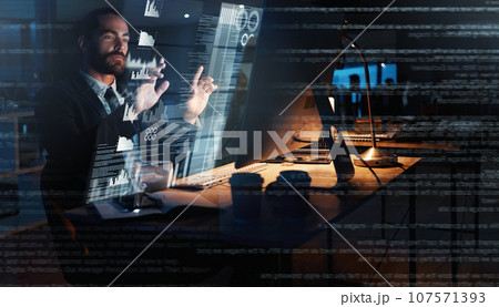 Corporate man with futuristic hologram analytics for work planning and strategy for success of business. Overlay of businessman or person with digital tech or technology innovation for company future Corporate man with futuristic hologram analytics for work planning and strategy for success of business. Overlay of businessman or person with digital tech or technology innovation for company future 107571393