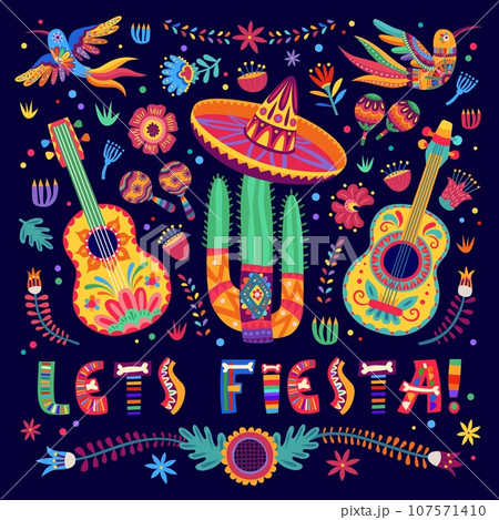 Mexican fiesta party banner with cartoon sombrero hat, maracas, guitar and hummingbirds, guitars and tropical flowers in ethnic alebrije style. Vector background with traditional symbols of Mexico 107571410