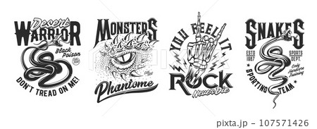 Viper, dragon and skeleton hand. Tattoo, t-shirt print, sport club mascot. Bikers or rock music band club symbol or vector emblem, team tshirt clothing custom design print with aggressive reptile eye 107571426