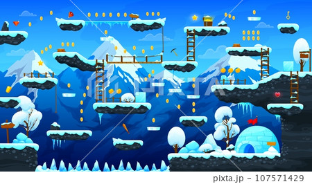 Winter game level map, ui design. Vector alpine background with jumping platforms, snowy trees, Igloo or icehouse buildings, wooden ladders and signposts, bonus coins and assets, hanging icicles 107571429