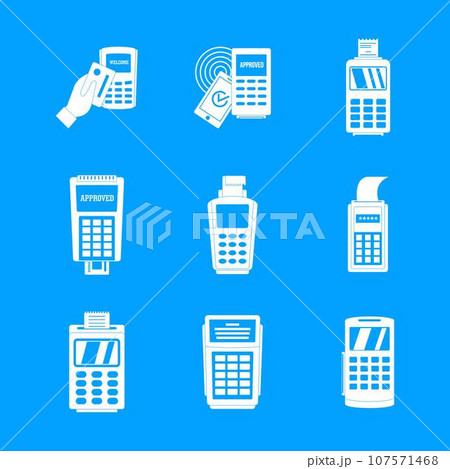 Bank terminal card credit machine icons set. Simple illustration of 9 Bank terminal card credit machine vector icons for web Bank terminal card credit machine icons set. Simple illustration of 9 Bank terminal card credit machine vector icons for web 107571468