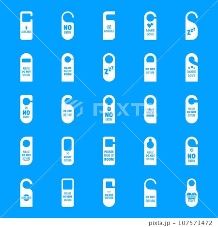Hanger tags door card hotel icons set. Simple illustration of 25 hanger tags door card hotel vector icons for web Hanger tags door card hotel icons set. Simple illustration of 25 hanger tags door card hotel vector icons for web 107571472