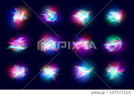 Rainbow crystal lights, prism leak flare effects set from diamond, glass, gem with sparkles on dark background. Vector 3d lens refraction overlay, crystal prism iridescent neon glare with blur effect Rainbow crystal lights, prism leak flare effects set from diamond, glass, gem with sparkles on dark background. Vector 3d lens refraction overlay, crystal prism iridescent neon glare with blur effect 107571520