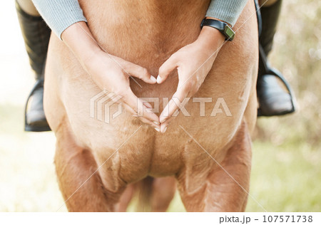 The connection is undeniable. a unrecognizable female making a heart shape with her hands while sitting on a horse outside. 107571738