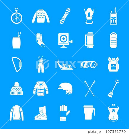Snowboarding equipment ski winter snow icons set. Simple illustration of 25 snowboarding equipment ski winter snow vector icons for web 107571770