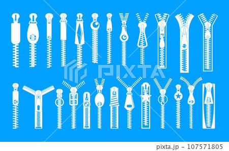 Zipper puller lock icons set. Simple illustration of 32 zipper puller button lock vector icons for web 107571805
