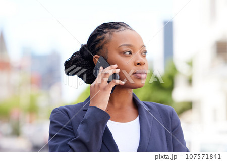 Phone call, city and business woman with communication strategy, negotiation and networking in outdoor planning, growth and management. Corporate black woman talking on cellphone for entrepreneur job 107571841