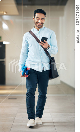 Professional man with smartphone, communication with typing or scroll social media, smile and skateboard. Male, creative at startup and sustainable travel, contact and happy skater leaving office 107571984