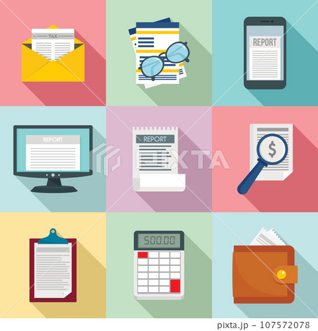 Expense report icon set. Flat set of expense report vector icons for web design Expense report icon set. Flat set of expense report vector icons for web design 107572078