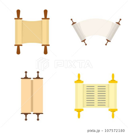 Torah scroll book bible shavuot icons set. Flat illustration of 4 Torah scroll book bible shavuot vector icons for web Torah scroll book bible shavuot icons set. Flat illustration of 4 Torah scroll book bible shavuot vector icons for web 107572180