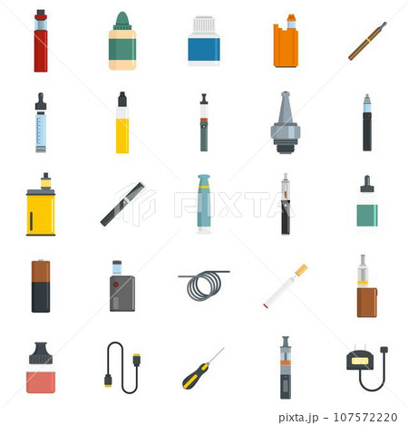 Electronic cigarette mod cig smoke icons set. Flat illustration of 25 electronic cigarette mod cig smoke vector icons for web Electronic cigarette mod cig smoke icons set. Flat illustration of 25 electronic cigarette mod cig smoke vector icons for web 107572220