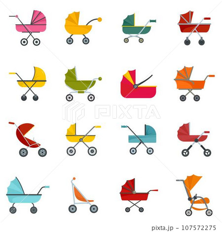 Pram stroller carriage cradle buggy icons set. Flat illustration of 16 pram stroller carriage cradle buggy vector icons for web 107572275