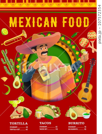 Mexican cuisine menu poster. Vector restaurant promo banner with mariachi male character holding tequila bottle and glass with lime on background with tortilla, tacos and burritos price list 107572354