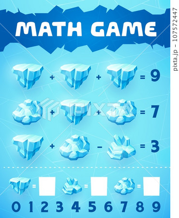 Math game worksheet ice crystals and shards. Vector mathematics riddle for children education and learning arithmetic equations. Calculation skills development puzzle page with ice floes and blocks Math game worksheet ice crystals and shards. Vector mathematics riddle for children education and learning arithmetic equations. Calculation skills development puzzle page with ice floes and blocks 107572447