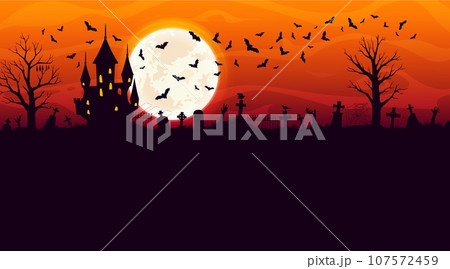 Halloween castle and cemetery silhouette with zombie hands and flying bats. Halloween horror holiday vector banner, haunted house, full moon, spooky trees and tombstones on midnight sky background Halloween castle and cemetery silhouette with zombie hands and flying bats. Halloween horror holiday vector banner, haunted house, full moon, spooky trees and tombstones on midnight sky background 107572459