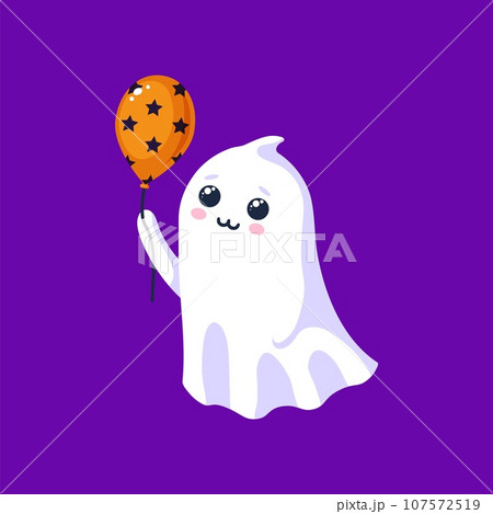 Halloween kawaii ghost character hold colorful balloon. Cartoon cute vector spook personage radiating charm and innocence with its playful and endearing presence, celebrating party with adorable smile Halloween kawaii ghost character hold colorful balloon. Cartoon cute vector spook personage radiating charm and innocence with its playful and endearing presence, celebrating party with adorable smile 107572519