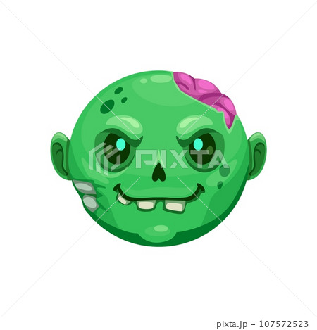 Cartoon Halloween zombie emoji depicts vector greenish, decaying face with vacant glowing eyes, pink brain in cracked head, and rotting flesh, symbolizing the undead, horror, and Hallowmas vibes Cartoon Halloween zombie emoji depicts vector greenish, decaying face with vacant glowing eyes, pink brain in cracked head, and rotting flesh, symbolizing the undead, horror, and Hallowmas vibes 107572523