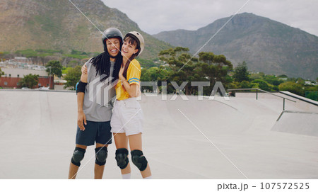 Urban skate park, laughing portrait and couple of friends with love and freedom outdoor for skating. Summer, gen z and young interracial skater people smile together doing exercise with mock up 107572525