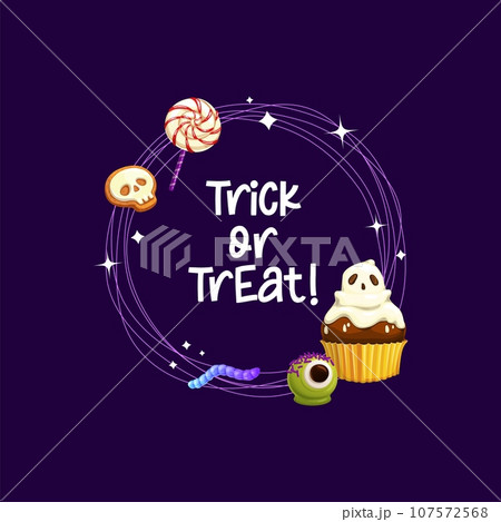 Halloween frame with holiday sweets. Isolated vector round border for trick or treat party, adorned with cartoon , jelly worm, striped lollipop, skull cookie and cupcake with spooky ghost and eyeball Halloween frame with holiday sweets. Isolated vector round border for trick or treat party, adorned with cartoon , jelly worm, striped lollipop, skull cookie and cupcake with spooky ghost and eyeball 107572568