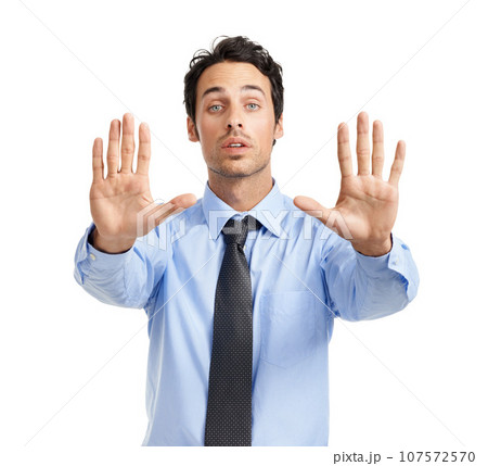 Stop, problem and portrait hands of a businessman with a sign, serious signal and command on a white background. Palm, opinion and executive man with a no hand gesture, negative and bad expression 107572570
