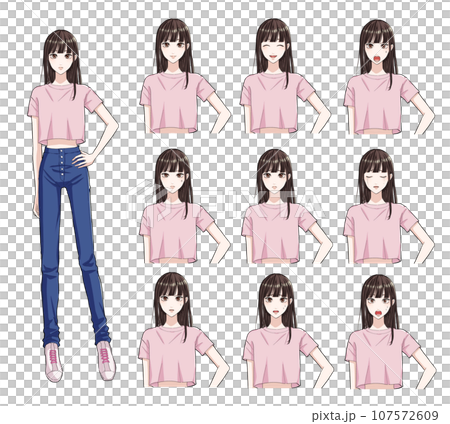 年輕女子的全身插圖（臉部表情差異集） 107572609