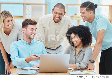 Teamwork, diversity and laptop digital marketing with smile, happy and excited creative office people. Collaboration, success and talking business worker sharing innovation strategy for brand website 107572916