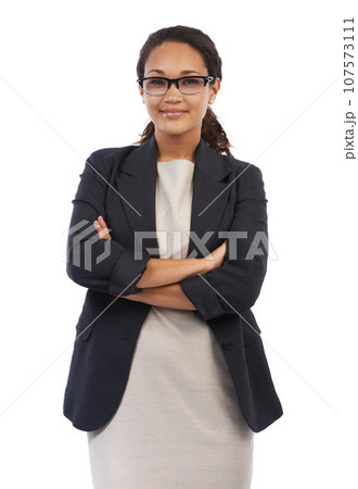 Black woman, studio portrait and arms crossed for business vision, success and suit by white background. Black woman, corporate executive leader and isolated professional with focus for motivation 107573111