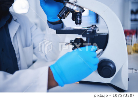 Science, microscope and hands of a scientist in a lab doing research, experiment or test. Innovation, biotechnology and female scientific researcher working with equipment to examine in a laboratory. Science, microscope and hands of a scientist in a lab doing research, experiment or test. Innovation, biotechnology and female scientific researcher working with equipment to examine in a laboratory. 107573587
