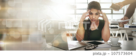 Headache, burnout and banner of business woman on bokeh background mockup space on lens flare. Stress, anxiety and challenge of person, financial crisis and tired of fatigue, overworked and mistake Headache, burnout and banner of business woman on bokeh background mockup space on lens flare. Stress, anxiety and challenge of person, financial crisis and tired of fatigue, overworked and mistake 107573604