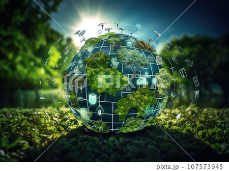 Crystal globe putting on moss, ESG icon for Environment Social and Governance, World sustainable environment concept. AI Generative. 107573945