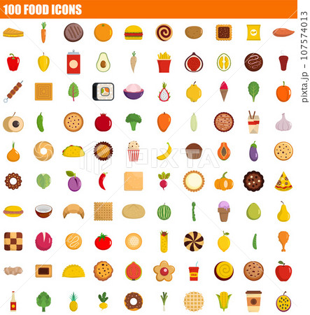 100 food icon set. Flat set of 100 food vector icons for web design 100 food icon set. Flat set of 100 food vector icons for web design 107574013