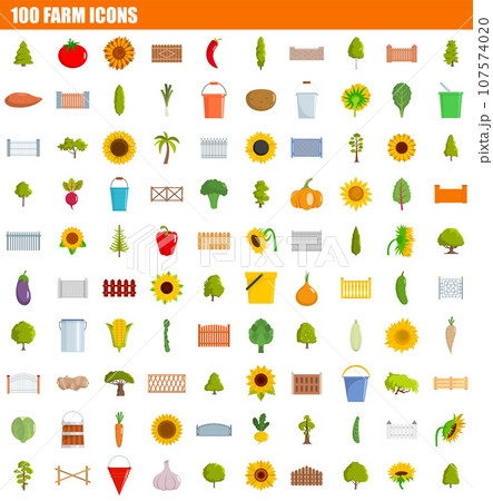100 farm icon set. Flat set of 100 farm vector icons for web design 100 farm icon set. Flat set of 100 farm vector icons for web design 107574020