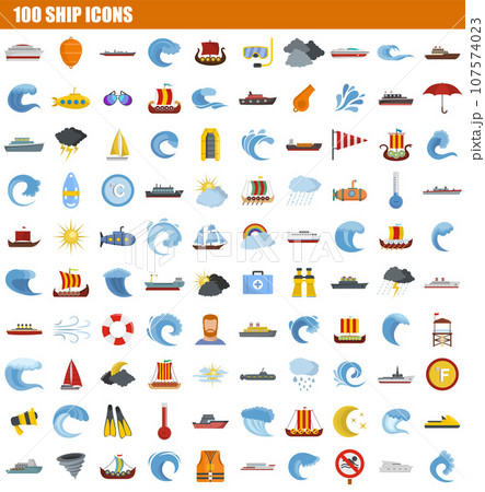 100 ship icon set. Flat set of 100 ship vector icons for web design 107574023
