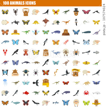 100 animals icon set. Flat set of 100 animals vector icons for web design 107574024