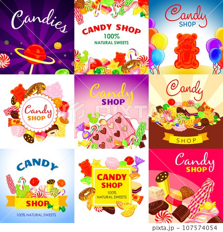 Sweet candy banner set. Cartoon illustration of sweet candy vector banner set for web design 107574054