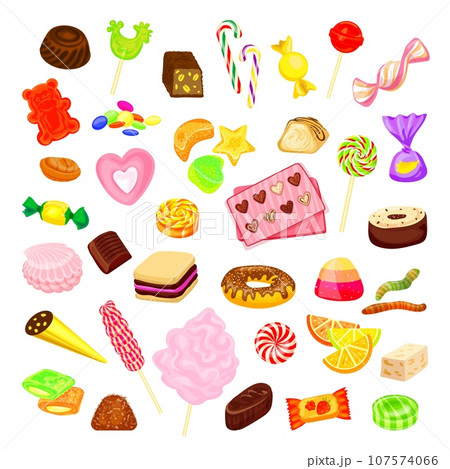 Candy icon set. Cartoon set of candy vector icons for web design 107574066