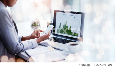 Business hands, data and phone or computer screen for stock market, analytics and graphs of financial increase. Analyst or person typing on mobile for laptop stats, profit or growth in bokeh overlay 107574189