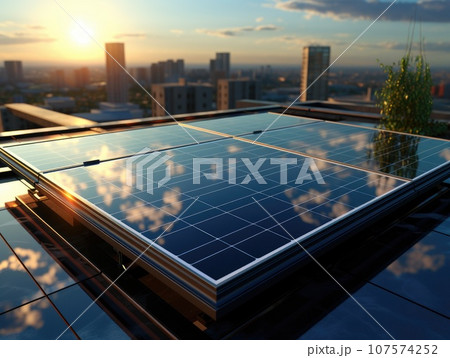 Modern solar panel on th roof with plants at morning, Solar panel on red roof reflecting sun and cloudless blue sky. Ai generative. Modern solar panel on th roof with plants at morning, Solar panel on red roof reflecting sun and cloudless blue sky. Ai generative. 107574252