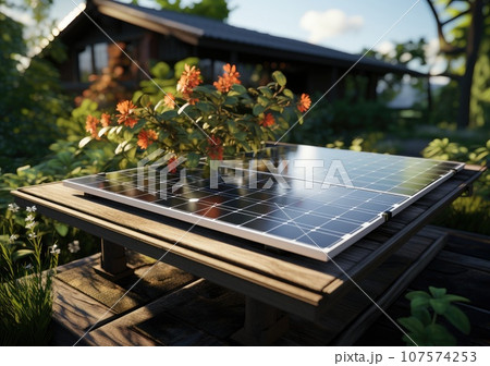 Modern solar panel on th roof with plants at morning, Solar panel on red roof reflecting sun and cloudless blue sky. Ai generative. 107574253
