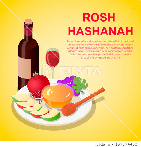 Happy sweet rosh hashanah concept background. Isometric of happy sweet rosh hashanah vector concept background for web design Happy sweet rosh hashanah concept background. Isometric of happy sweet rosh hashanah vector concept background for web design 107574433