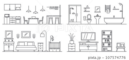 House interior banner set. Outline illustration of house interior vector banner set for web design 107574776