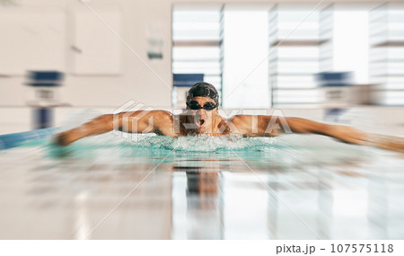 Swimming action, pool and sports man doing water challenge, cardio training or butterfly stroke action. Motivation, speed blur and swimmer workout, practice or training for competition, match or race Swimming action, pool and sports man doing water challenge, cardio training or butterfly stroke action. Motivation, speed blur and swimmer workout, practice or training for competition, match or race 107575118
